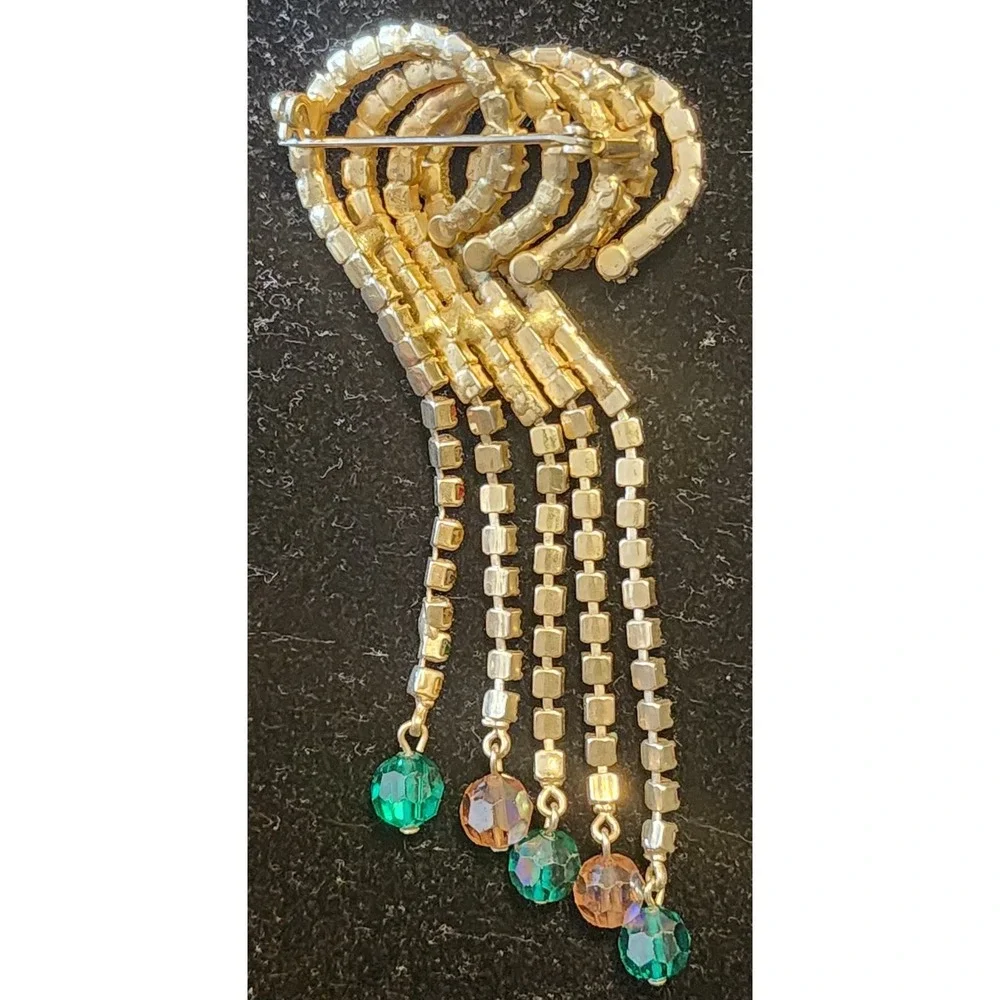 Vintage Multi Color Rhinestone Waterfall Fringe Brooch Gold Tone Crystal Dangle